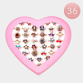 36PCS - Stone Embellished Flower Butterfly Star Heart Animal Rings
