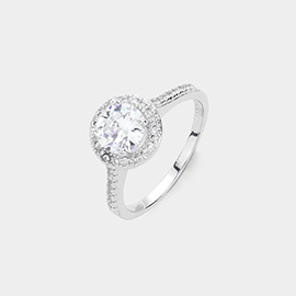 18K White Gold Plated Round CZ Stone Accented Halo Ring