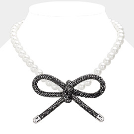 SECRET BOX_Bling Studded Bow Pointed Pearl Necklace