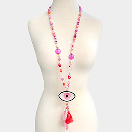 Celluloid Acetate Evil Eye Accented Tassel Beaded Long Necklace
