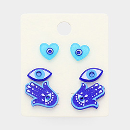 3PAIRS - Acrylic Evil Eye Hamsa Hand Stud Earrings