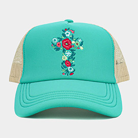 Floral Cross Embroidered Mesh Back Trucker Hat