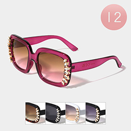 12PCS - Marquise Stone Cluster Embellished Tinted Lens Wayfarer Sunglasses