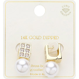 14K Gold Dipped Square CZ Stone Pearl Drop Huggie Earrings