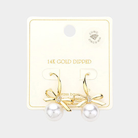 14K Gold Dipped CZ Stone Paved Ribbon Pearl Drop Earrings