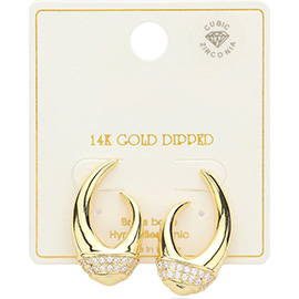 14K Gold Dipped CZ Stone Paved Biased Hoop Earrings