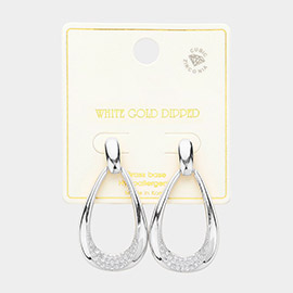 White Gold Dipped CZ Stone Paved Dangle Hoop Earrings