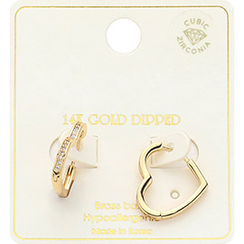 14K Gold Dipped CZ Stone Paved Sleek Heart Huggie Hoop Earrings