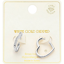 White Gold Dipped CZ Stone Paved Sleek Heart Huggie Hoop Earrings
