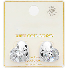 White Gold Dipped Mystic Heart CZ  Stone Paved Stud Earrings