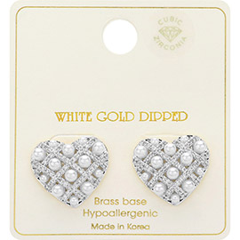 White Gold Dipped Woven CZ Pearl Heart Stud Earrings