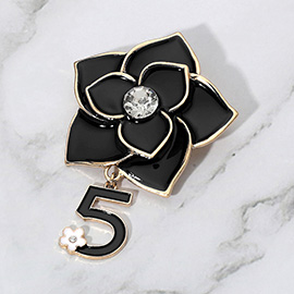 Stone Pointed Enamel Flower Number Five Dangle Pin Brooch