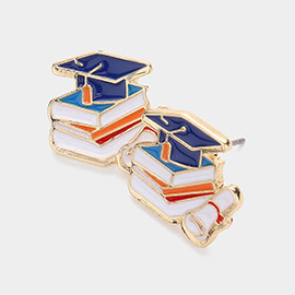 Enamel Graduation Hat Book Stud Earrings