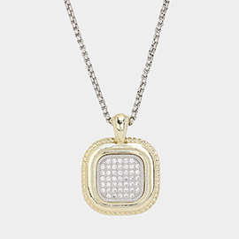 14K Gold Plated CZ Stone Paved Two Tone Square Pendant Long Necklace