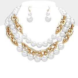 Pearl Metal Chain Mixed Multi Layered Statement Necklace