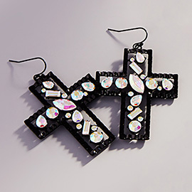 Stone Cluster Embellished Cross Dangle Earrings