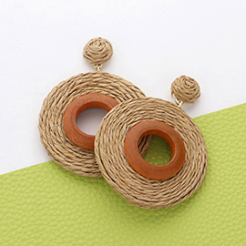 Wood Ring Pointed Raffia Wrapped Ring Dangle Earrings