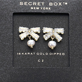 SECRET BOX_14K Gold Dipped CZ Stone Bow Pearl Pointed Earrings