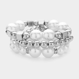 3PCS - Pearl Metal Ball Beaded Stretch Multi Layered Bracelets