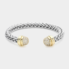 14K Gold Plated CZ Stone Paved Tip Braided Two Tone Cuff Bracelet