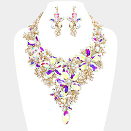 Pearl Embellished Flower Glass Stone Cluster Statement Evening Necklace