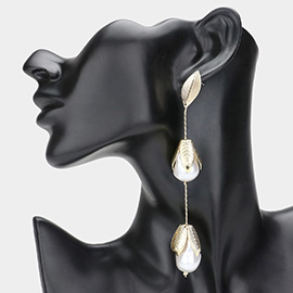 Oversized Fresh Pearl Metal Leaf Dropdown Earrings
