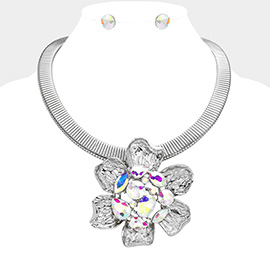 Stone Embellished Hammered Metal Flower Pendant Statement Necklace