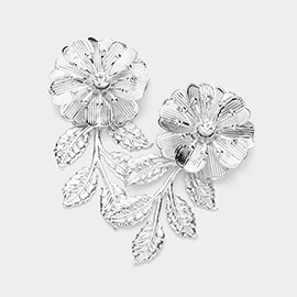 Stone Pointed Metal Flower Leaf Earrings