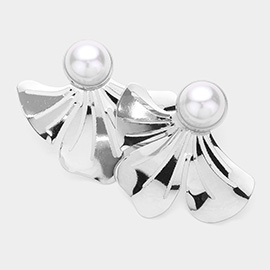 Pearl Pointed Metal Gingko Leaf Earrings