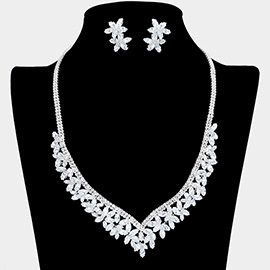 CZ Marquise Cluster Flower Accented Paved V Shape Necklace