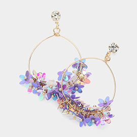 Flower Sequin Beaded Open Metal Wire Dangle Earrings