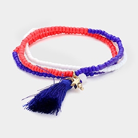 3PCS - American USA Flag Colored Tassel Pointed Faceted Beaded Stretch Multi Layered Bracelets