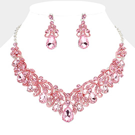 Teardrop Stone Cluster Accented Rhinestone Paved Vine Embellished Evening Necklace