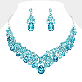 Teardrop Stone Cluster Accented Rhinestone Paved Vine Embellished Evening Necklace