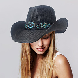 Turquoise Stone Western Flower Pointed Flower Embroidered Genuine Leather Band Straw Cowboy Hat