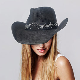 Western Metal Steel Head Studded Genuine Leather Band Straw Cowboy Hat