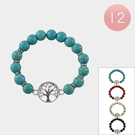 12PCS - Tree Of Life Pointed Natural Stone Stretch Bracelets