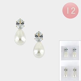 12Pairs - CZ Stone Pointed Teardrop Pearl Earrings 