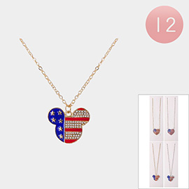 12PCS - Rhinestone Paved American USA Flag Heart Bear Pendant Necklace