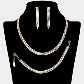 Rhinestone Paved 3-Row Necklace Jewelry Set