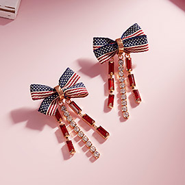 Rhinestone Cluster Fringe American USA Flag Bow Earrings
