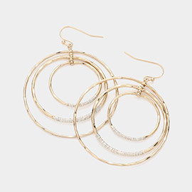 Metal Coil Pointed Hammered Triple Open Circle Dangle Earrings