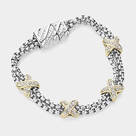Stone Paved Criss Cross Station Two Tone Magnetic Bracelet