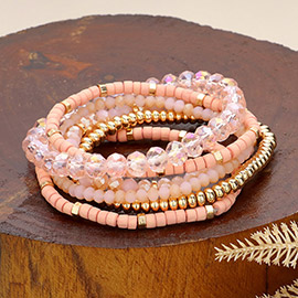 6PCS - Faceted Beaded Wood Stretch Multi Layered Bracelets