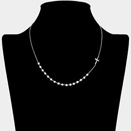 Metal Cross Pointed Pearl Station Necklace