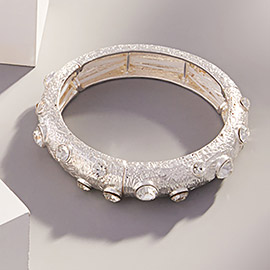 Round Glass Stone Accented Textured Metal Bangle Stretch Bracelet