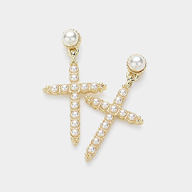 Pearl Cross Dangle Earrings