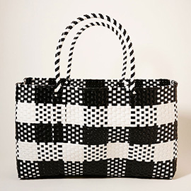 Checkered Pattern Woven Basket Tote Bag