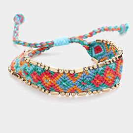 Metal Beads Edge Pointed Aztec Pattern Threaded Adjustable Cinch Pull Tie Bracelet