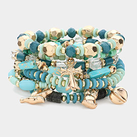8PCS - Peace Owl Cross Charm Faceted Beaded Stretch Multi Layered Bracelets
